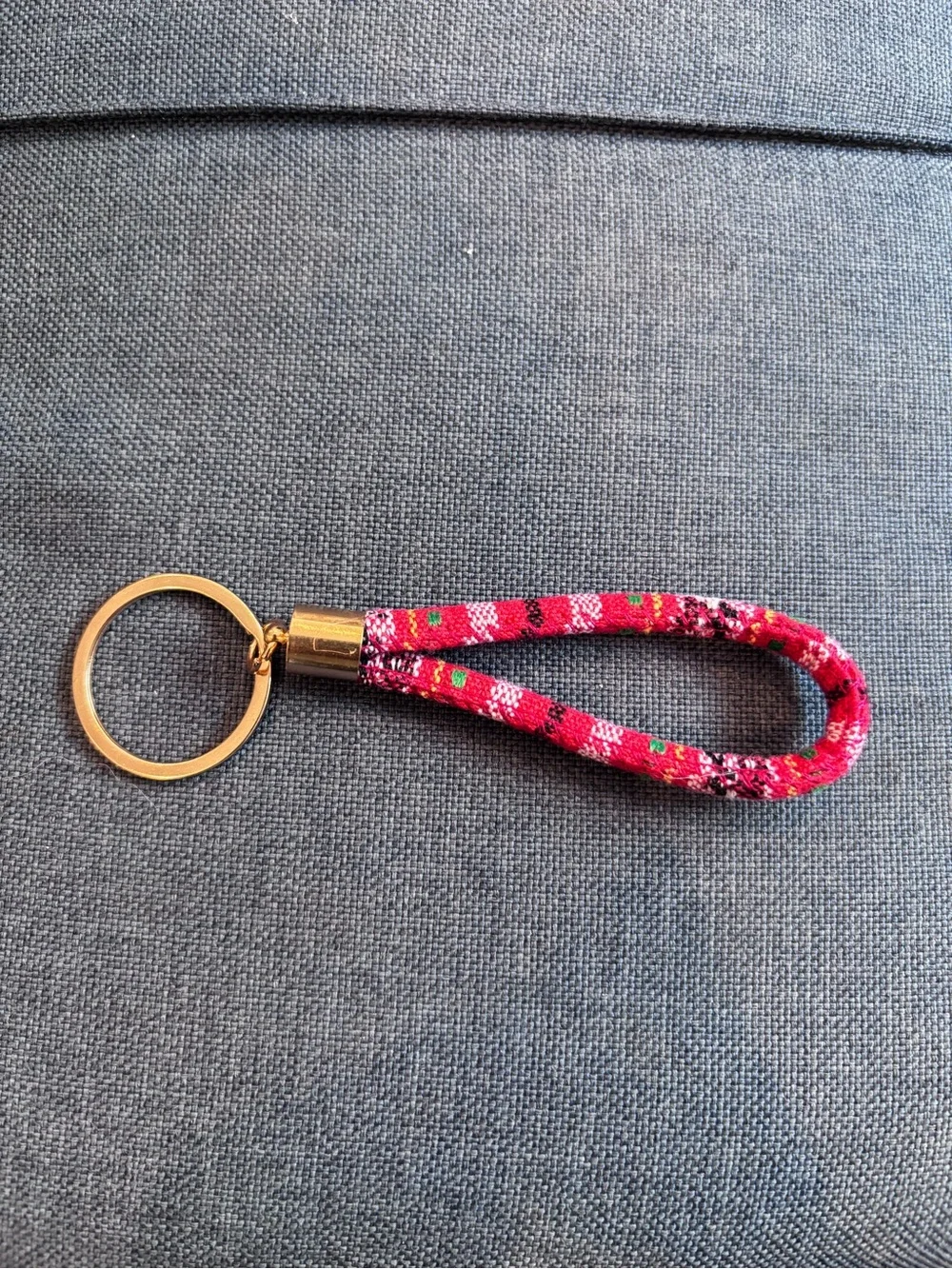 Unbranded Red Floral Fabric Loop Keyring with Gold Ring